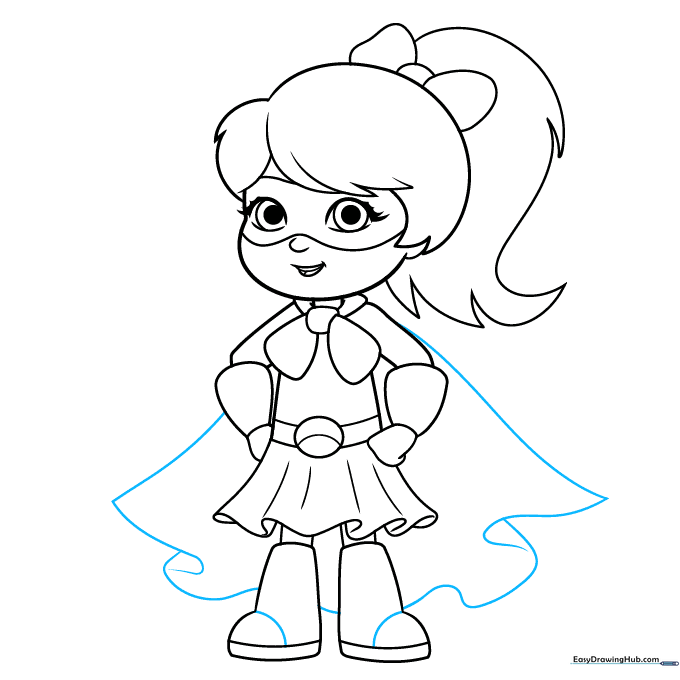 Adding detail to the superhero cape with overlapping lines.