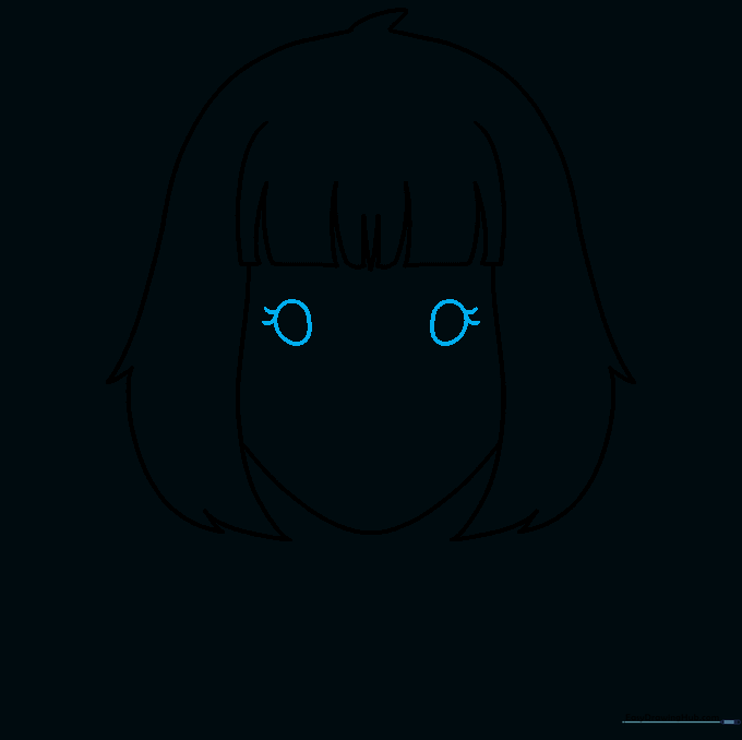 Drawing the circular eyes and delicate eyelashes for the cartoon character.