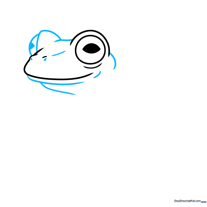 Drawing the outline of the frog's head, jaw, and neck using curved lines.