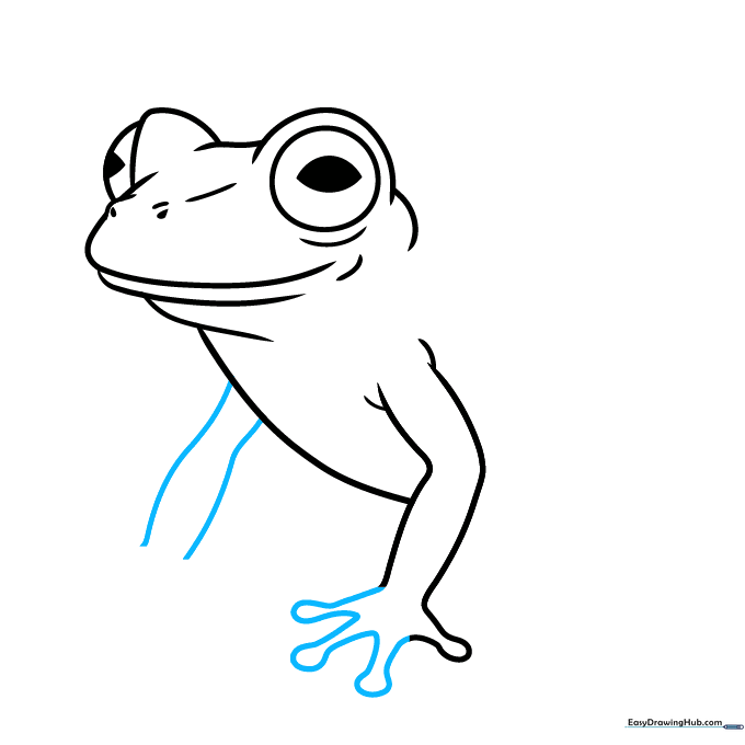 Detailing the frog's front toes with rounded tips and starting the second leg.
