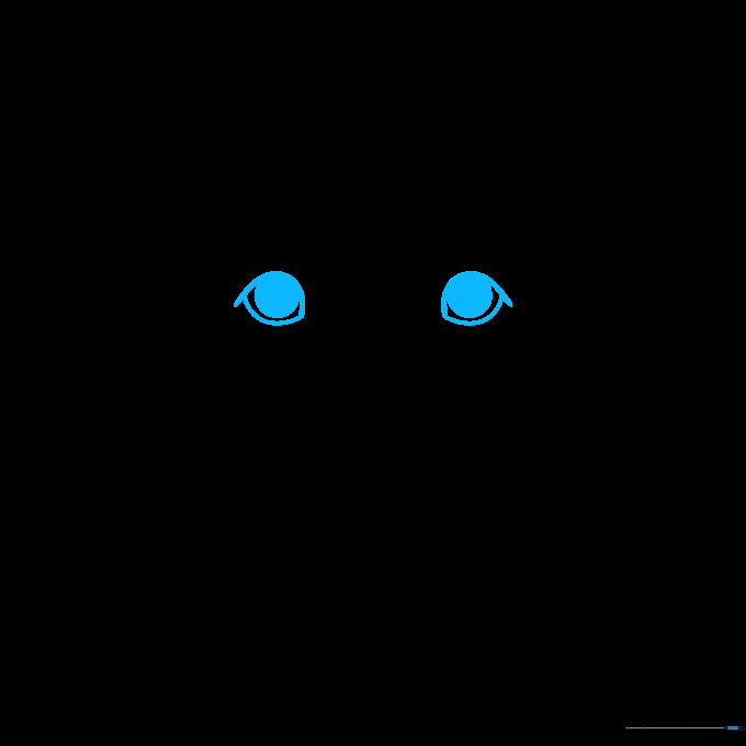 Close-up of two hand-drawn dog eyes with dark pupils and soft curved lids.