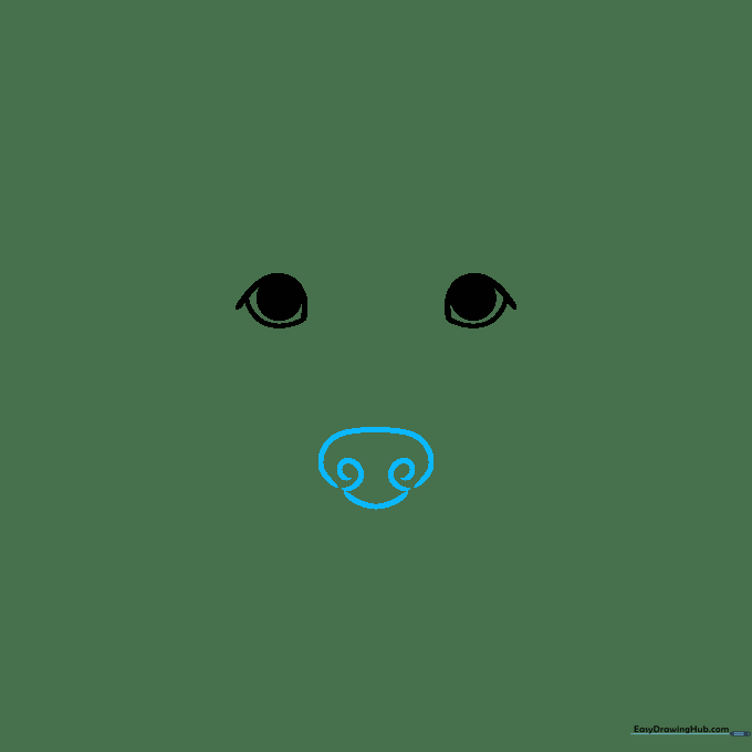 Drawing the dog's nose with distinct spiral nostrils and curved top edges.