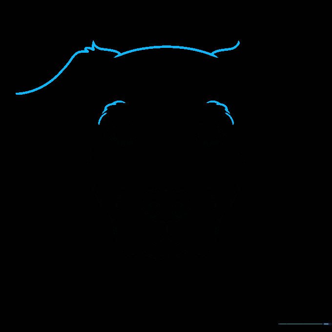 Drawing the brow line and the start of the ear flaps on the dog's head.