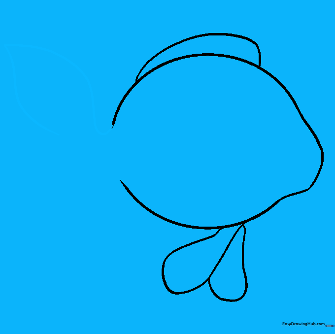 The top section of the goldfish tail drawn with two curved lines meeting at a point.