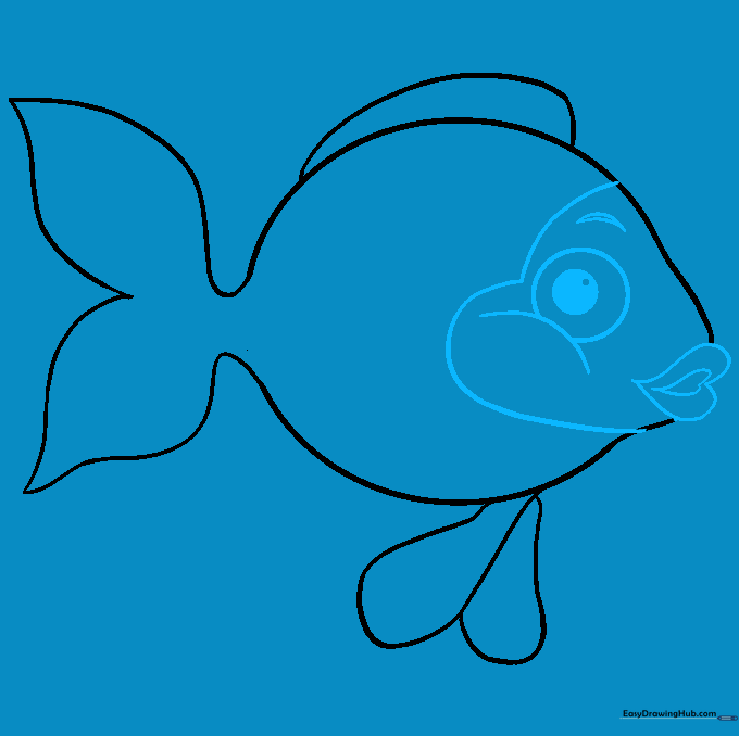 Detailed goldfish face with a heart-shaped mouth, eye, and eyebrow.