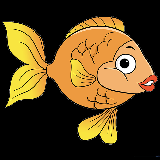 A fully colored, vibrant orange goldfish drawing.