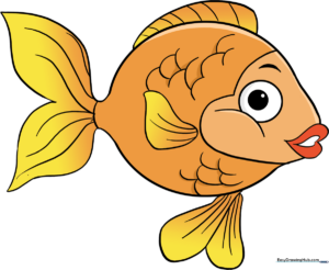 A bright, friendly cartoon goldfish illustration.