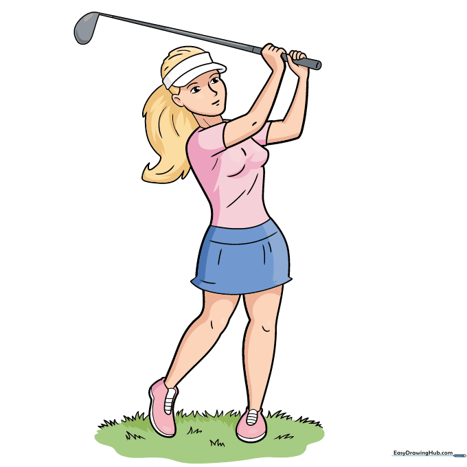 The final colored drawing of a golf player on a green course.