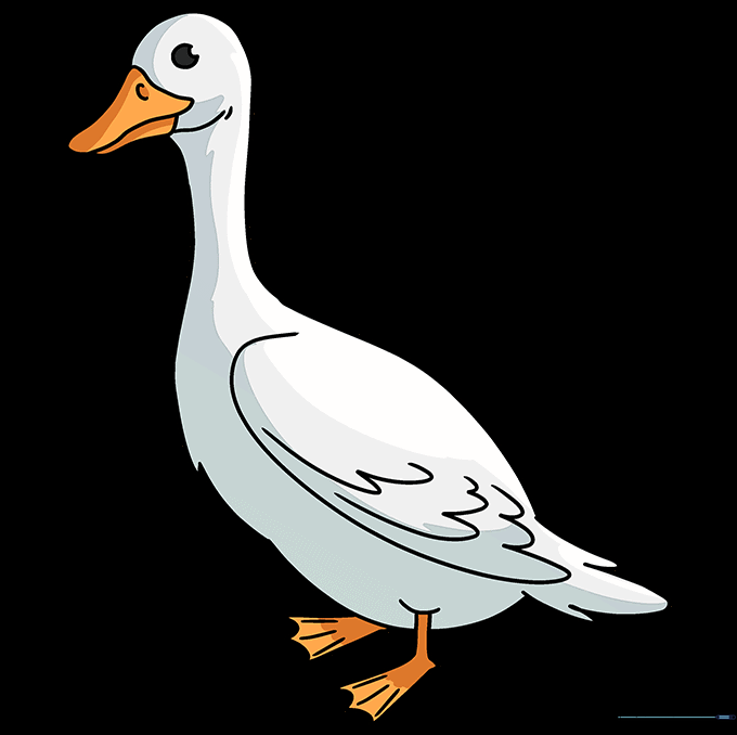 Final colored cartoon goose drawing with orange beak and feet.