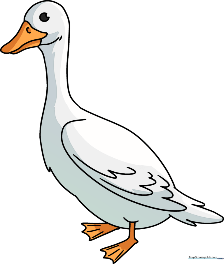 A friendly, finished cartoon goose drawing, colored and ready to inspire young artists.