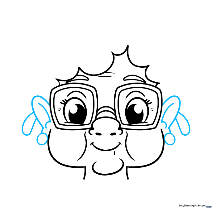 Drawing the ears with earrings and the side arms of the glasses.
