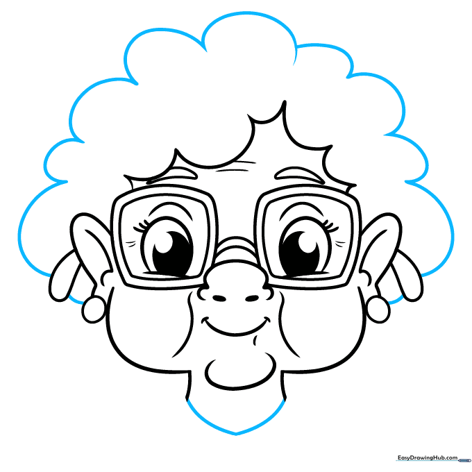 Finished hair outline and neck definition for the grandma character.