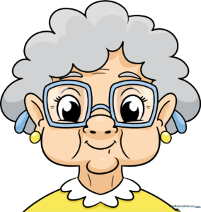 A friendly, colored illustration of a grandma face with glasses.