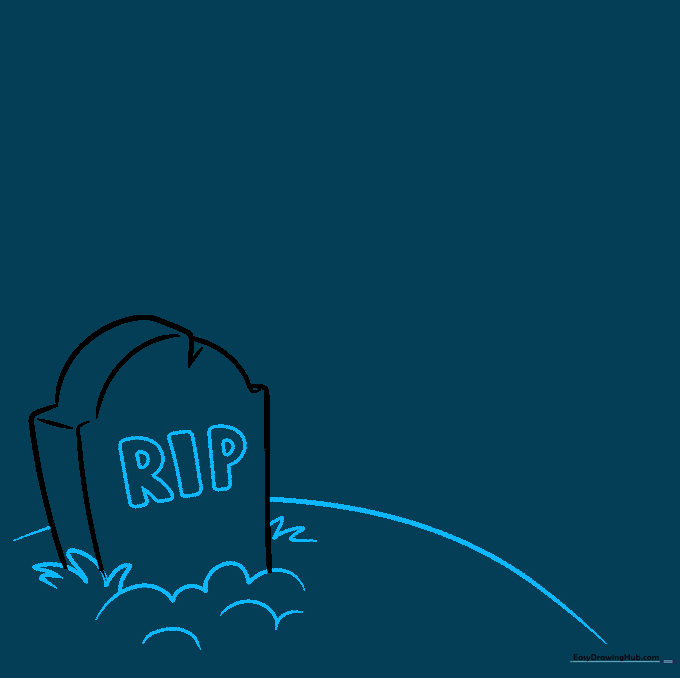 Tombstone with RIP inscription and small grass tufts drawn at the base.