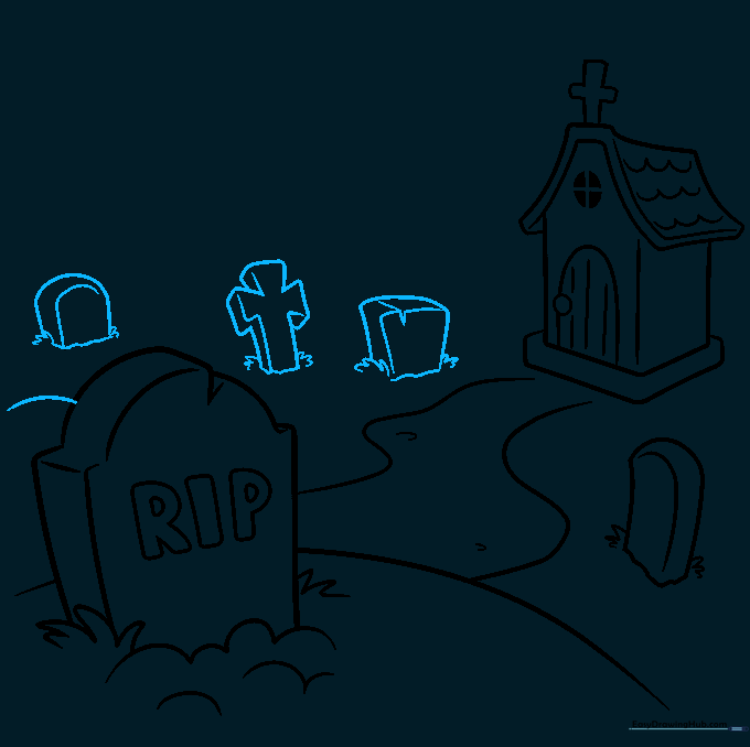 Multiple tombstone variations added to the scene to create a crowded graveyard effect.