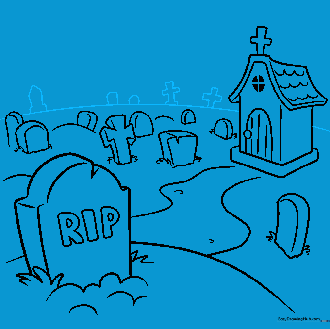 Horizon line established with tiny, distant tombstones.