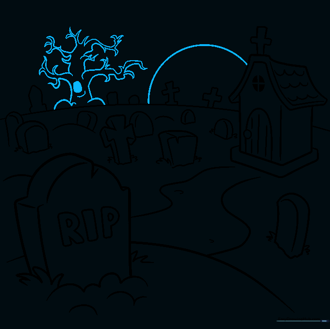 A gnarled, spooky tree and a crescent moon added to the graveyard background.