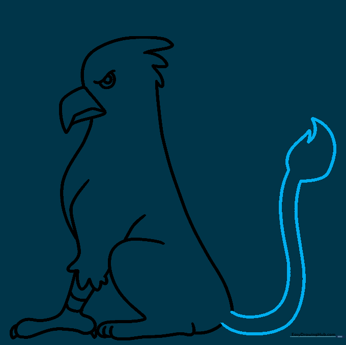 Drawing the long, curved tail of the griffin with a tufted end.