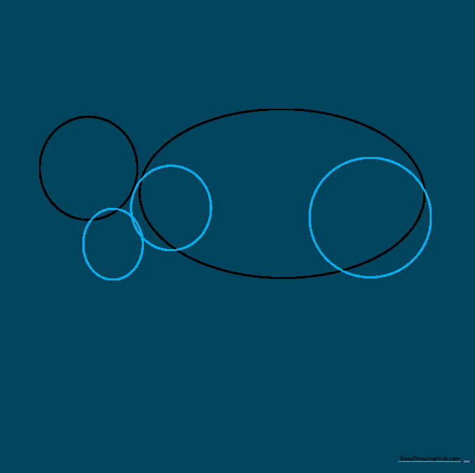 Pencil sketch adding two shoulder circles and one large hip circle to the existing bear body guide.