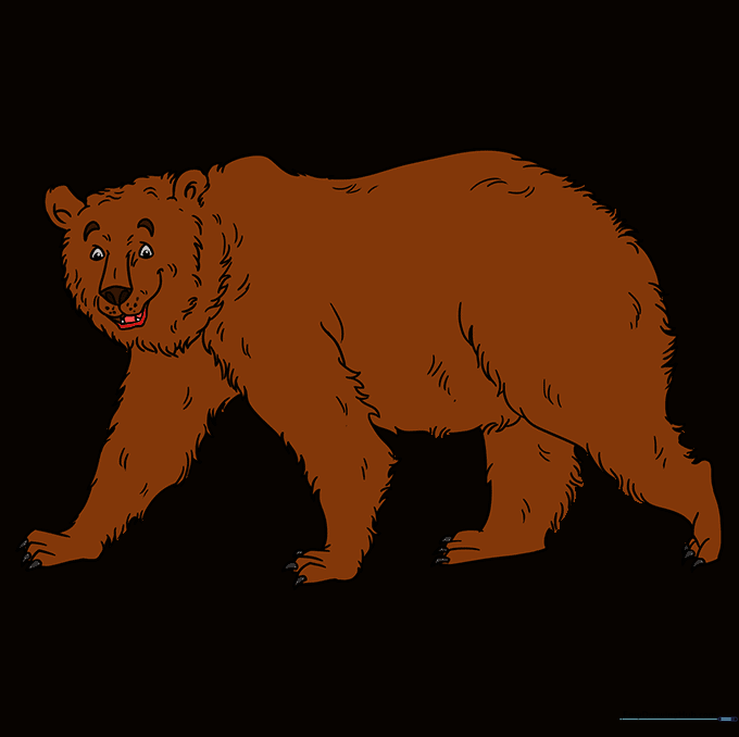 The completed grizzly bear drawing fully colored in shades of brown.