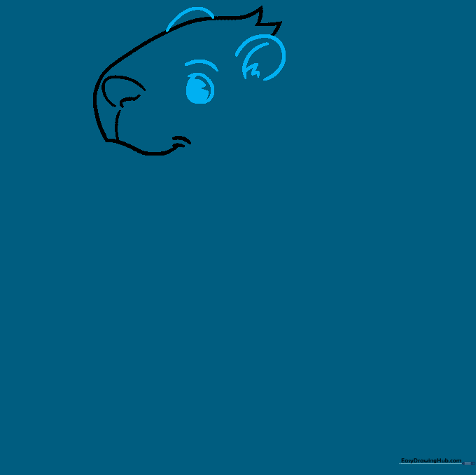 Drawing showing the addition of rounded ears and a single expressive eye with a pupil.