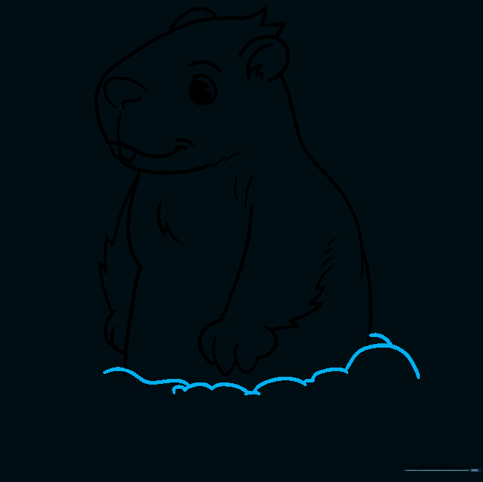 The groundhog is now shown emerging from a mound of dirt, represented by overlapping curved lines.