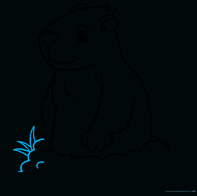Groundhog drawing with added blades of grass and texture lines on the dirt mound.
