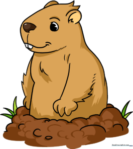 A colorful, finished illustration of a friendly groundhog peeking out of its burrow, surrounded by grass.