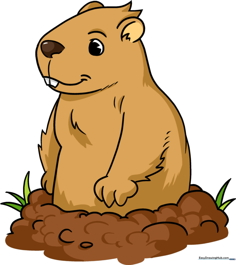 A colorful, finished illustration of a friendly groundhog peeking out of its burrow, surrounded by grass.