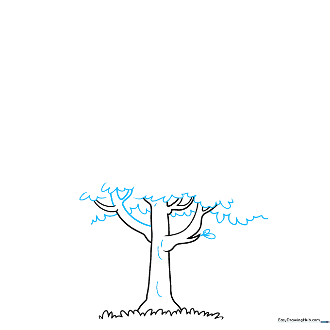 Drawing the grass base and the start of a tree trunk using curved lines.