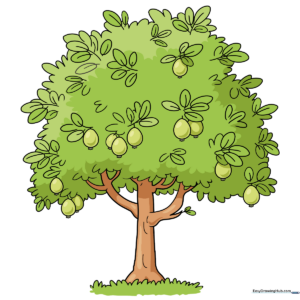 A vibrant, finished drawing of a cartoon guava tree with fruit.