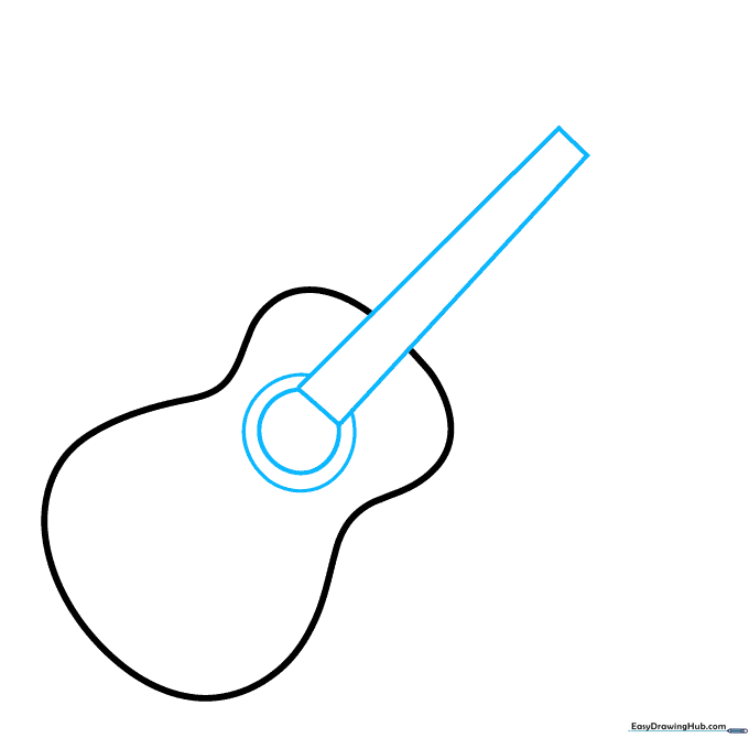 Drawing the guitar neck as a rectangle and adding two concentric circles for the sound hole.