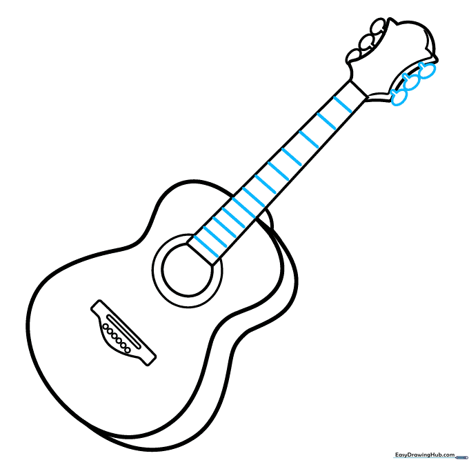 Drawing horizontal fret lines on the guitar neck, spaced closer together near the body.