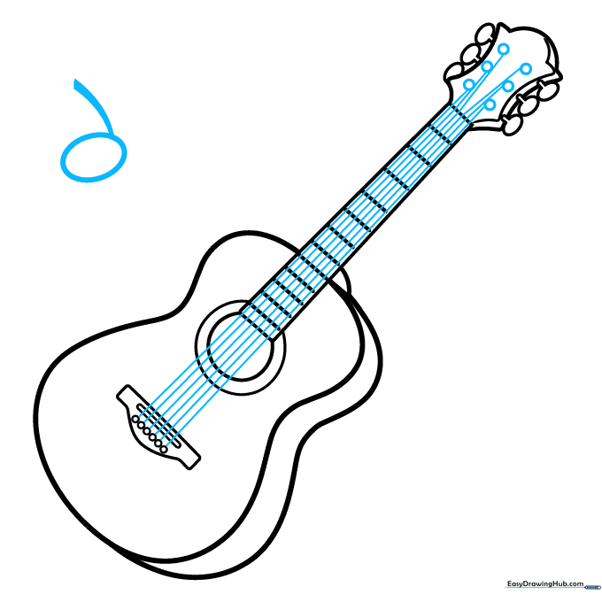 Drawing six strings connecting the headstock to the bridge and adding musical notes.