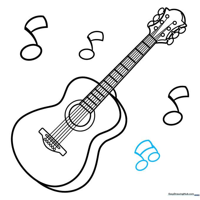 Finalizing the drawing by adding beams between musical notes and cleaning up lines.
