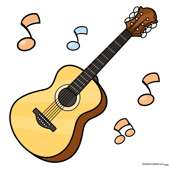 The finished acoustic guitar drawing colored with warm wood tones and musical notes.