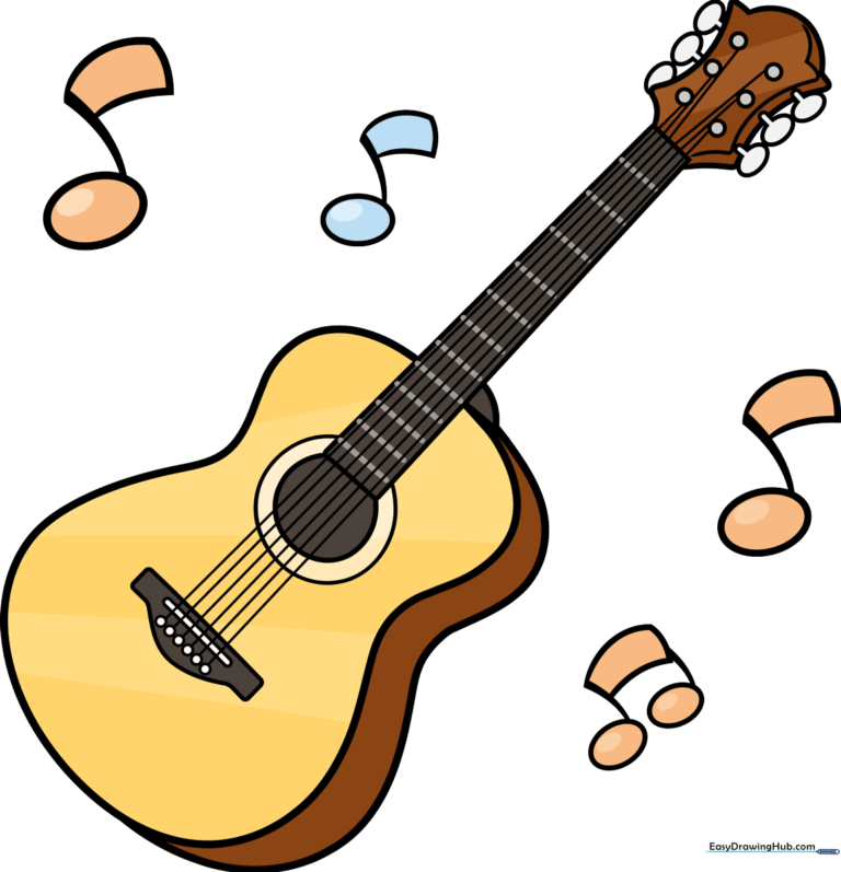 A colorful, finished acoustic guitar drawing with musical notes floating around it.