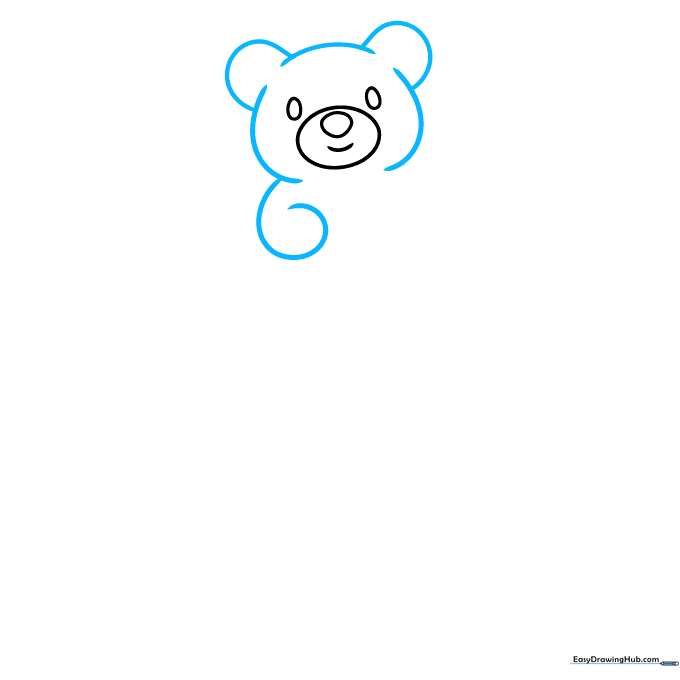 Drawing the gummy bear's head outline and the first arm using curved lines.