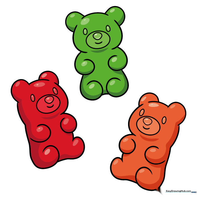 The finished gummy bear drawing colored in vibrant shades of red, green, and yellow.