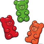 A colorful, finished illustration of three cute gummy bears sitting together.