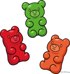 A colorful, finished illustration of three cute gummy bears sitting together.