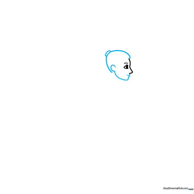Pencil outline of a gymnast's head shape including the jawline, ear, and hair tie placement.