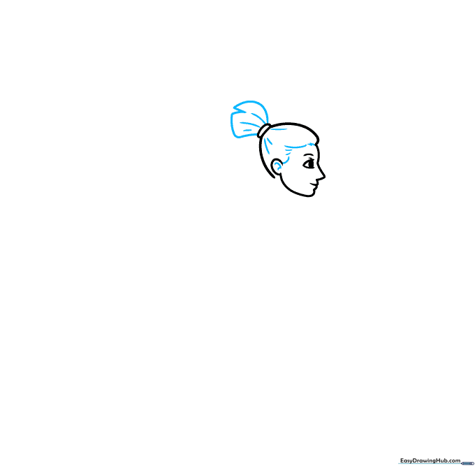 Drawing the gymnast's ponytail with textured lines and hair details.
