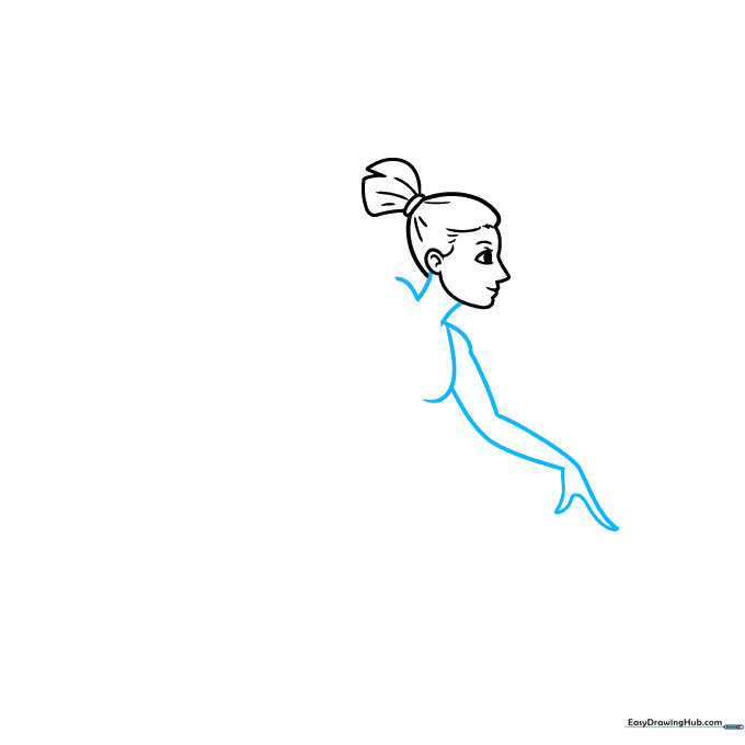 Pencil sketch showing the gymnast's neck, shoulders, and one extended arm.