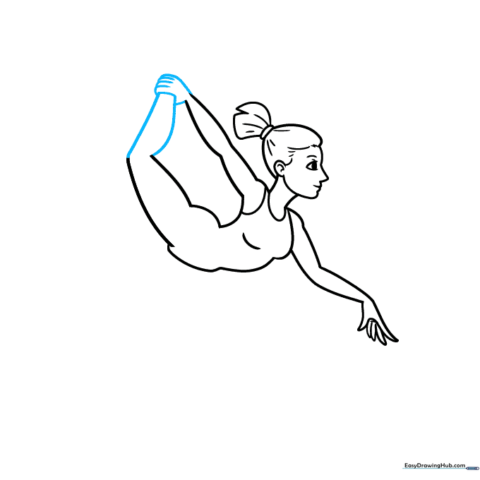 Close-up of the gymnast's hand holding her ankle.