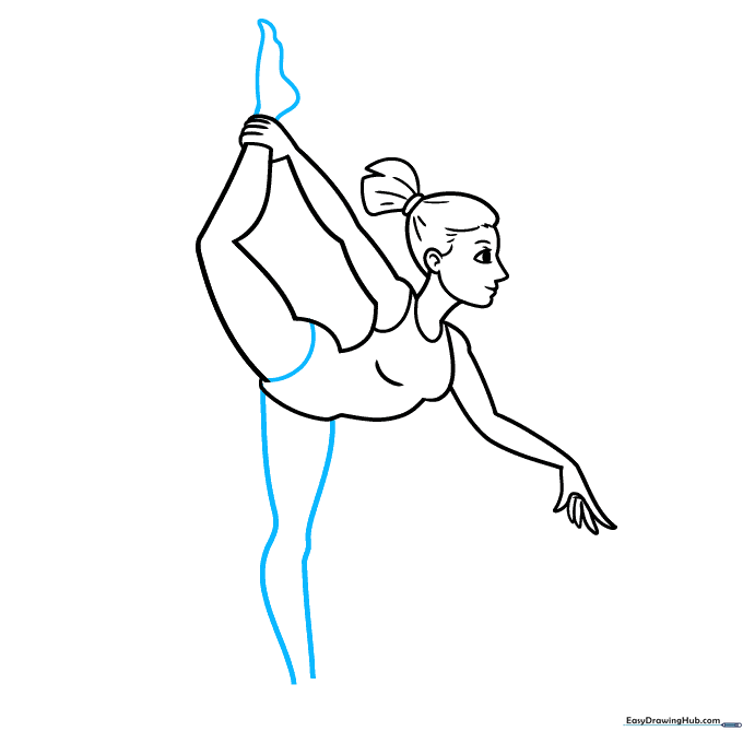 Sketching the gymnast's foot and the outline of the second leg.