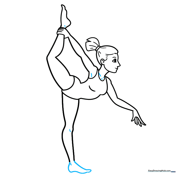 Final pencil outline of the gymnast with added anatomical details.
