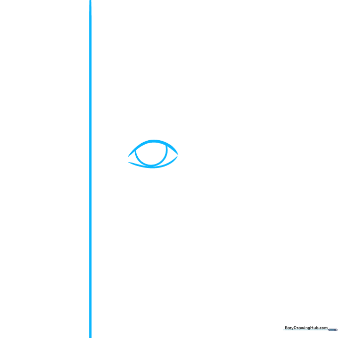 Pencil sketch showing a vertical center line and a basic lemon-shaped eye outline on paper.