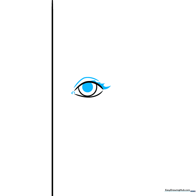 Detailed eye drawing with pupil, inner corner detail, and eyelash strokes.