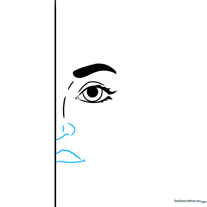 Sketching the nose bridge and mouth curve on the face profile.